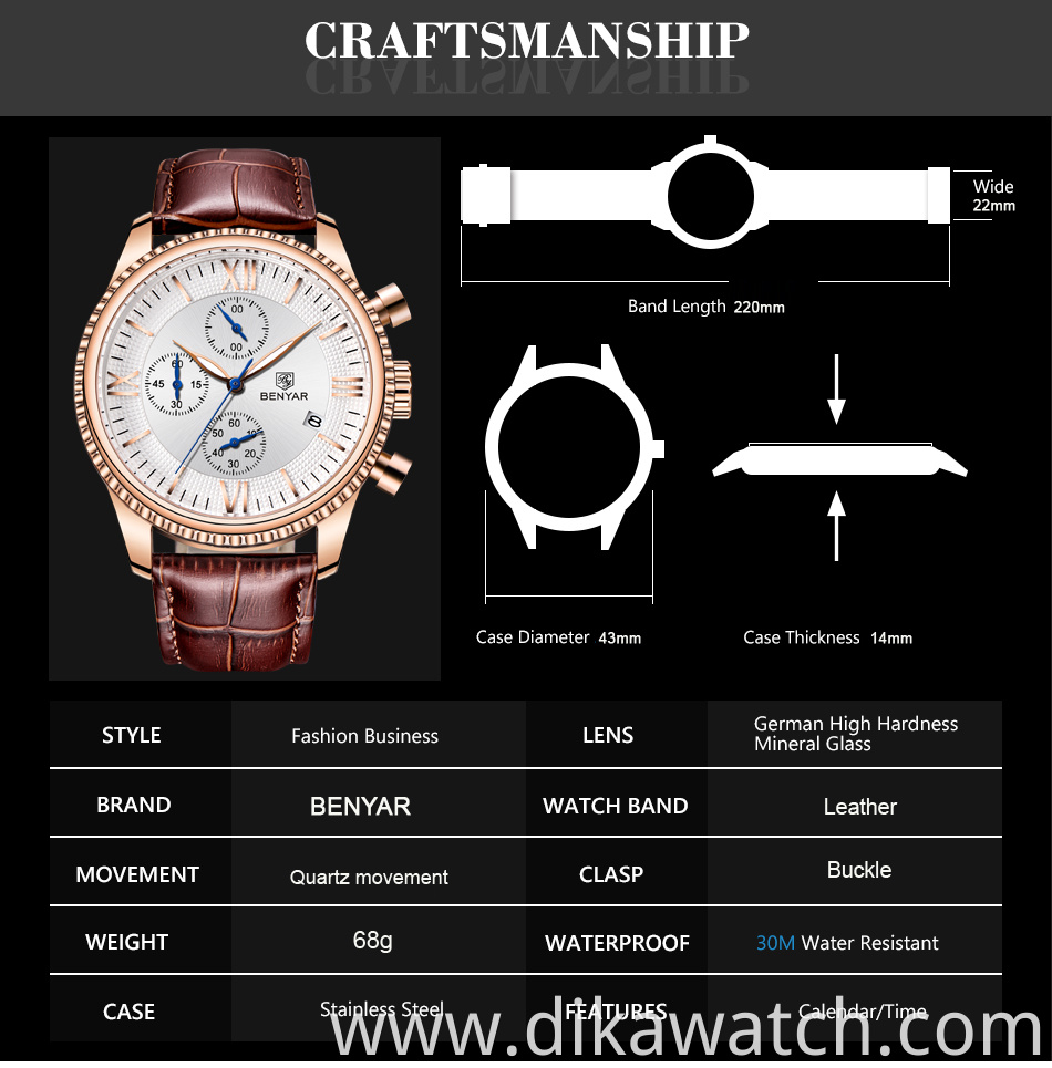 Top Luxury Brand Benyar watches mens wristwatch Fashion Sports Quartz Waterproof Leather Men Business Watch Relogio Masculino